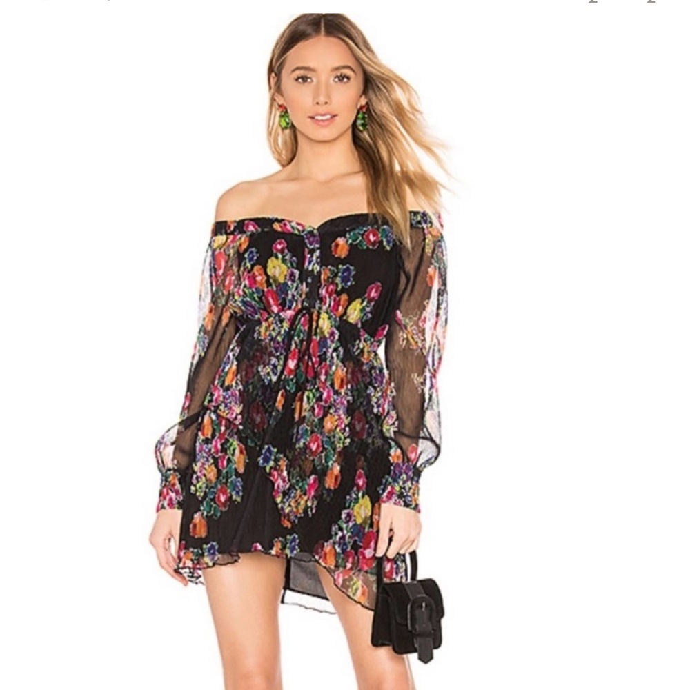 Michael Costello X Revolve Dress Dahlia Off The Shoulder Mini Black Floral